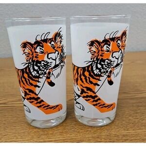 2 Vintage ESSO Exxon Gas Logo "Put a Tiger in your Tank" Frosted Glasses 1960s